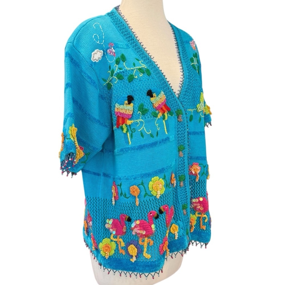 Berek Blue Art to Wear Hand Knitted Embellished Cardigan Sweater Rare Large VTG - Picture 2 of 16